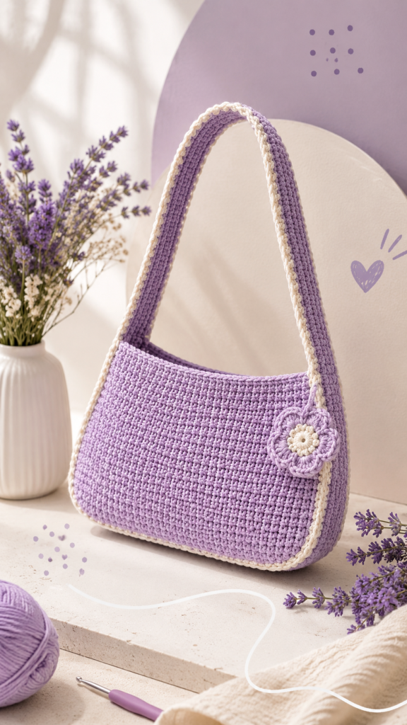 Cute Lavender Crochet Shoulder Bag Pattern  Handmade Knit Purse Aesthetic Gift Idea