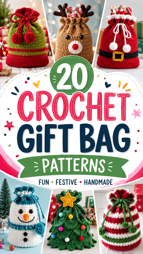 20 Festive Crochet Gift Bag Patterns for Christmas and Holiday Handmade Gifts