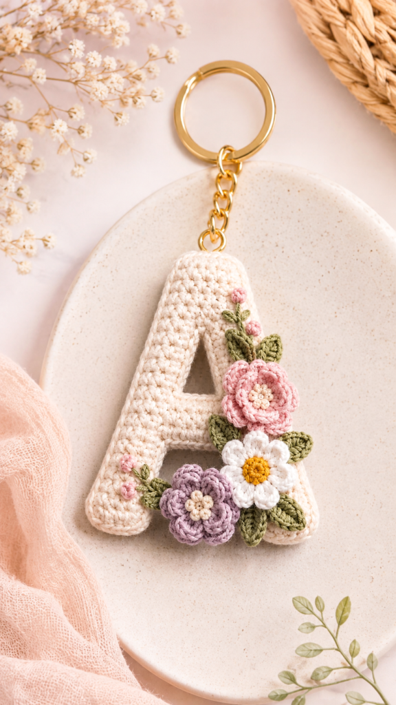 Cute Crochet Letter A Keychain with Floral Design  Handmade Amigurumi Gift Idea