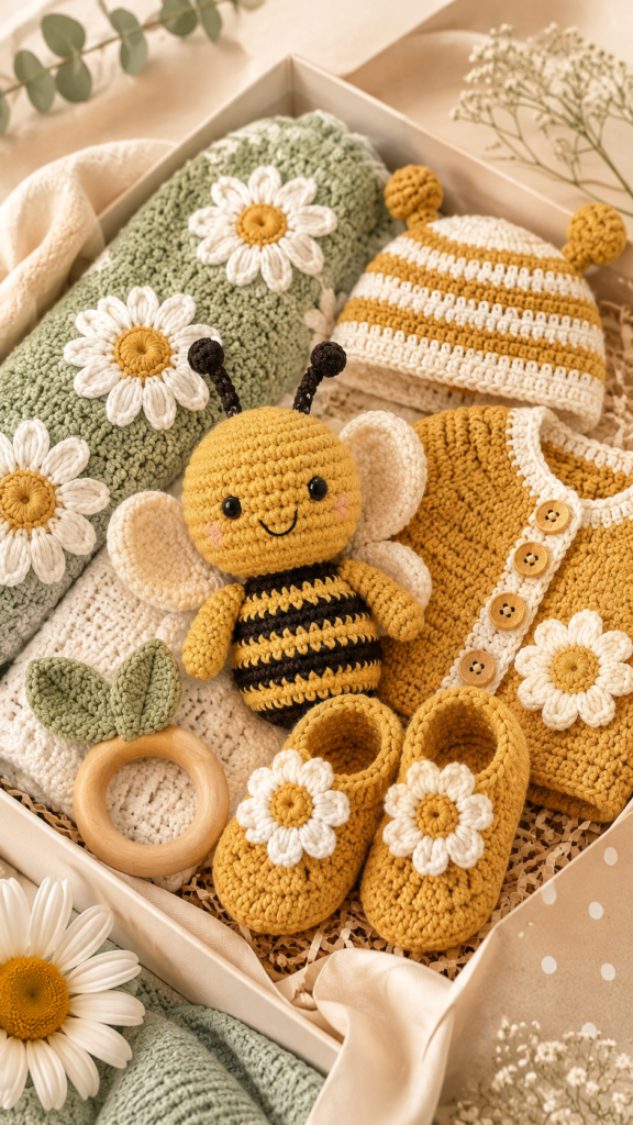 Handmade Crochet Baby Gift Box Set with Bee Plush, Daisy Booties  Newborn Essentials