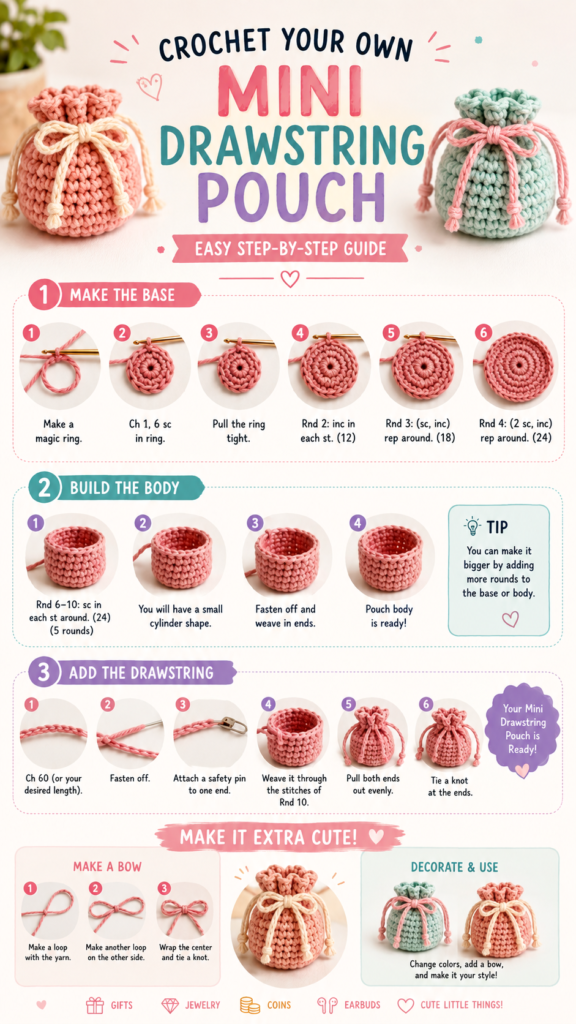 Easy Crochet Mini Drawstring Pouch Tutorial for Beginners