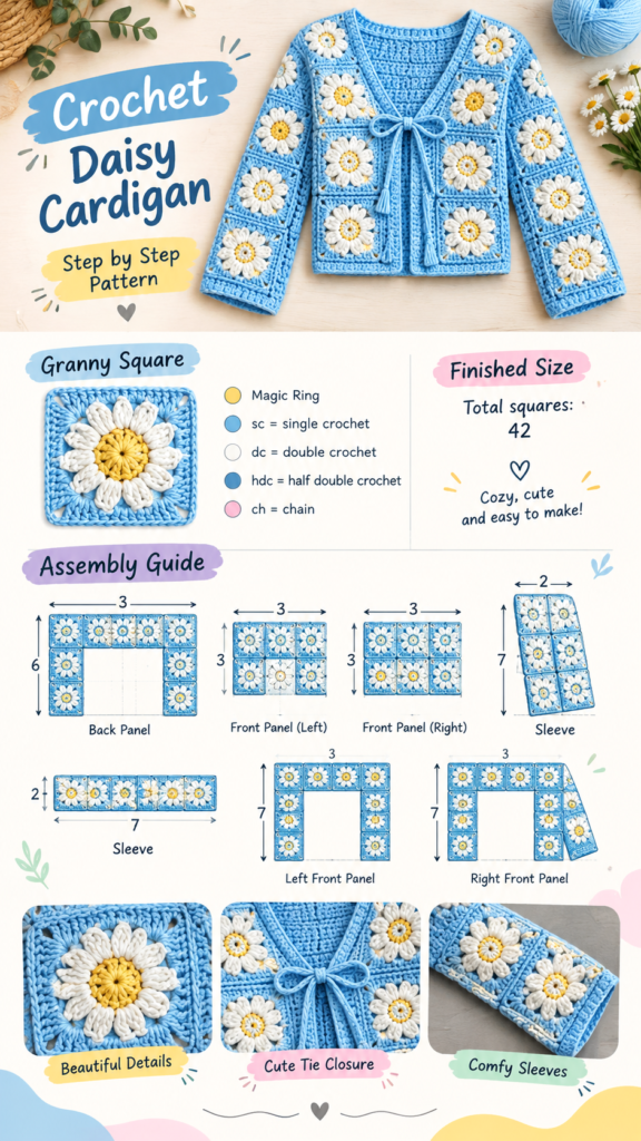 Crochet Daisy Granny Square Cardigan Pattern for a Cozy Handmade Look