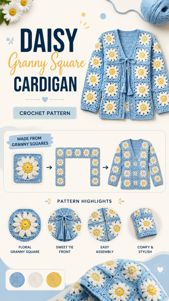 Easy Daisy Granny Square Cardigan Crochet Pattern for Beginners DIY Tutorial