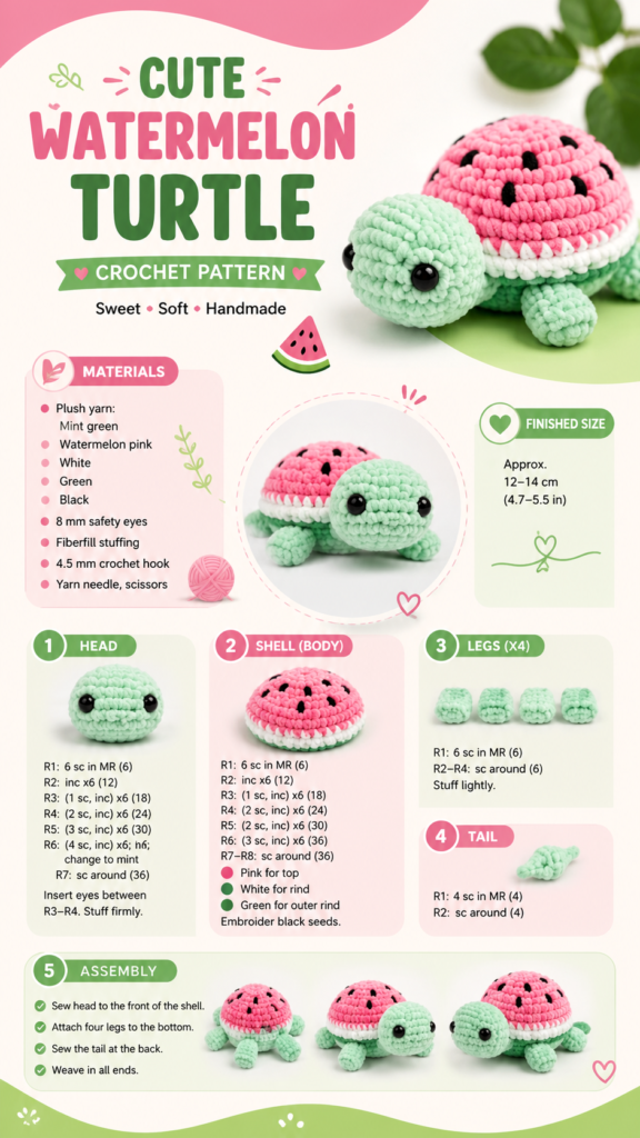Cute Watermelon Turtle Crochet Pattern  Easy Amigurumi Tutorial