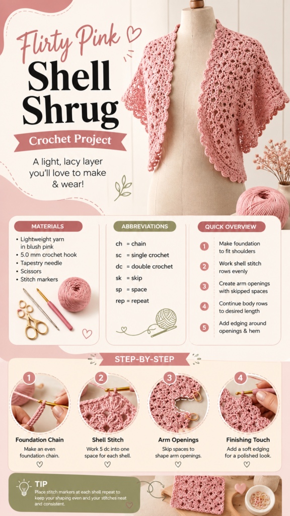 Flirty Pink Shell Shrug Crochet Pattern for Beginners  Easy Lace Project