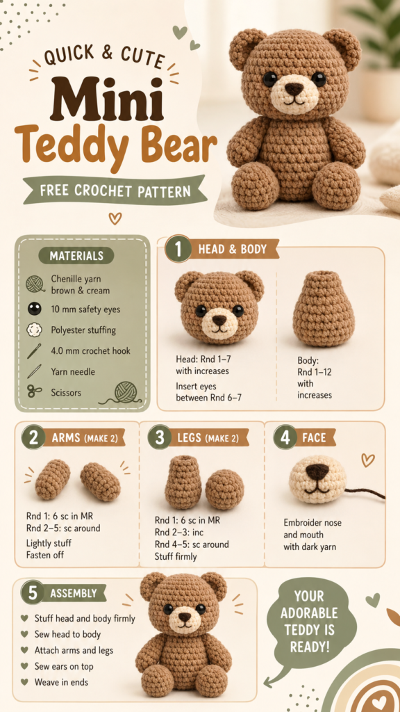 Free Crochet Stuffed Animals Pattern Easy Mini Teddy Bear Amigurumi Tutorial