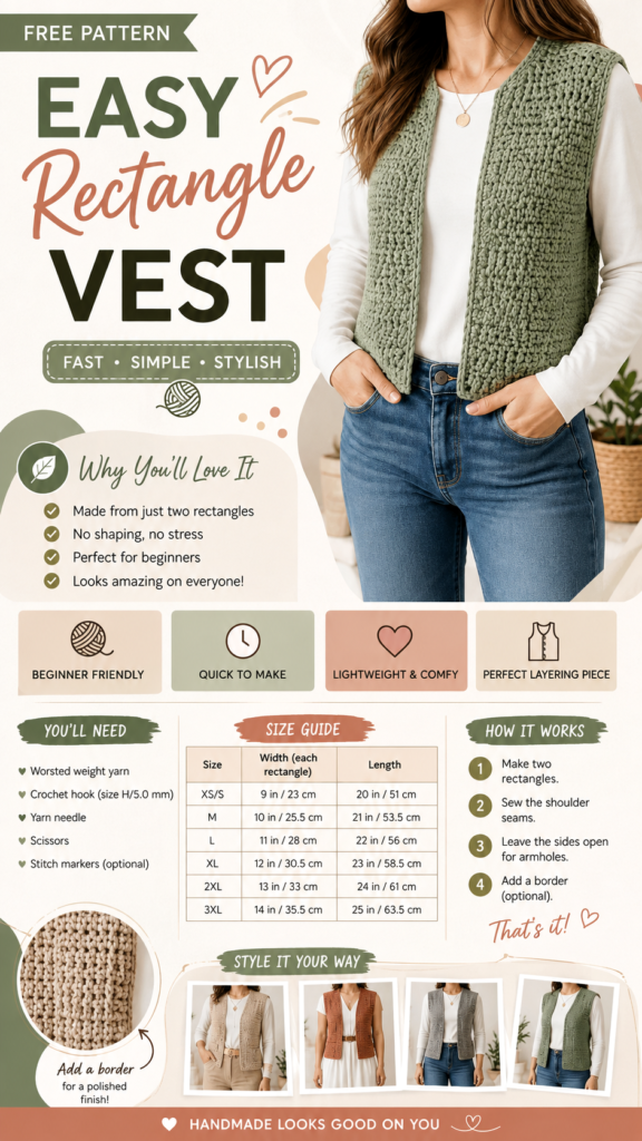 Easy Crochet Rectangle Vest Pattern for Beginners  Free  Stylish DIY Tutorial