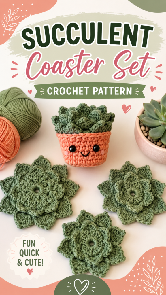 Cute Succulent Crochet Coaster Set Pattern for Beginners