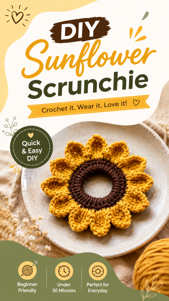 Spring Crochet Ideas Easy DIY Sunflower Scrunchie  Cute Crochet Projects