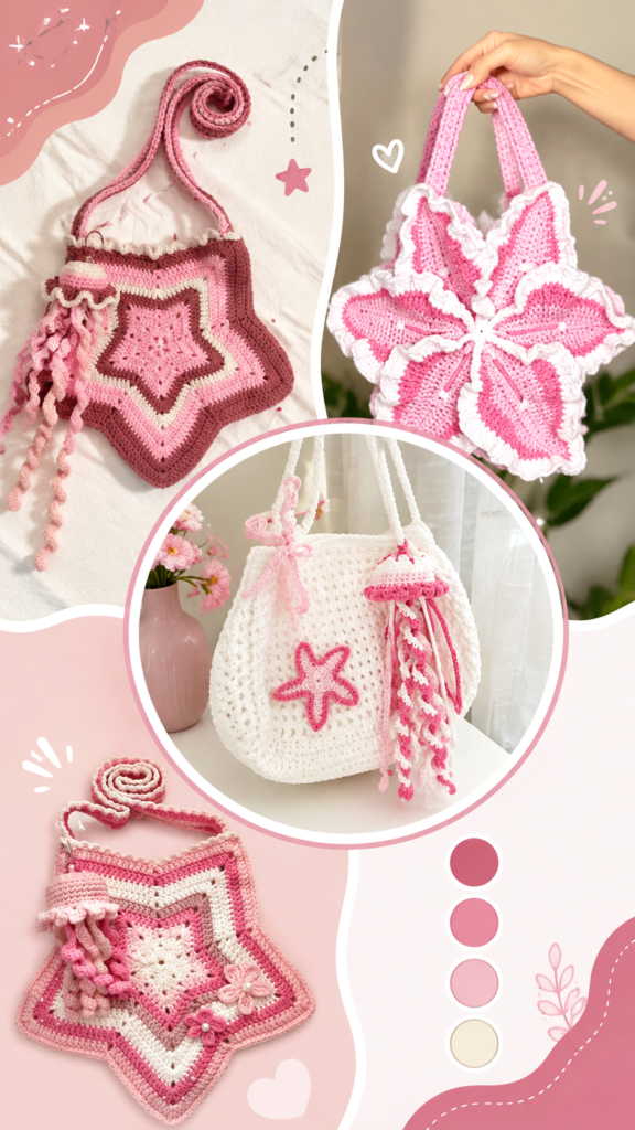 Cute Crochet Star Bags in Pink  White Dreamy Handmade Bag Ideas