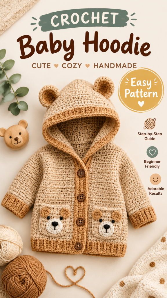 Cozy Crochet Bear Hoodie Baby Sweater Pattern with Cute Teddy Pockets