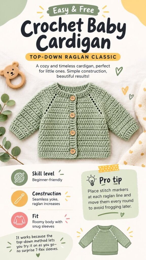 Easy Crochet Baby Cardigan Free Pattern for Beginners  Top-Down Raglan Style