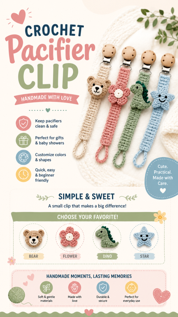 Crochet Pacifier Clip Ideas Cute Handmade Baby Gifts in Bear, Dino  Star Designs