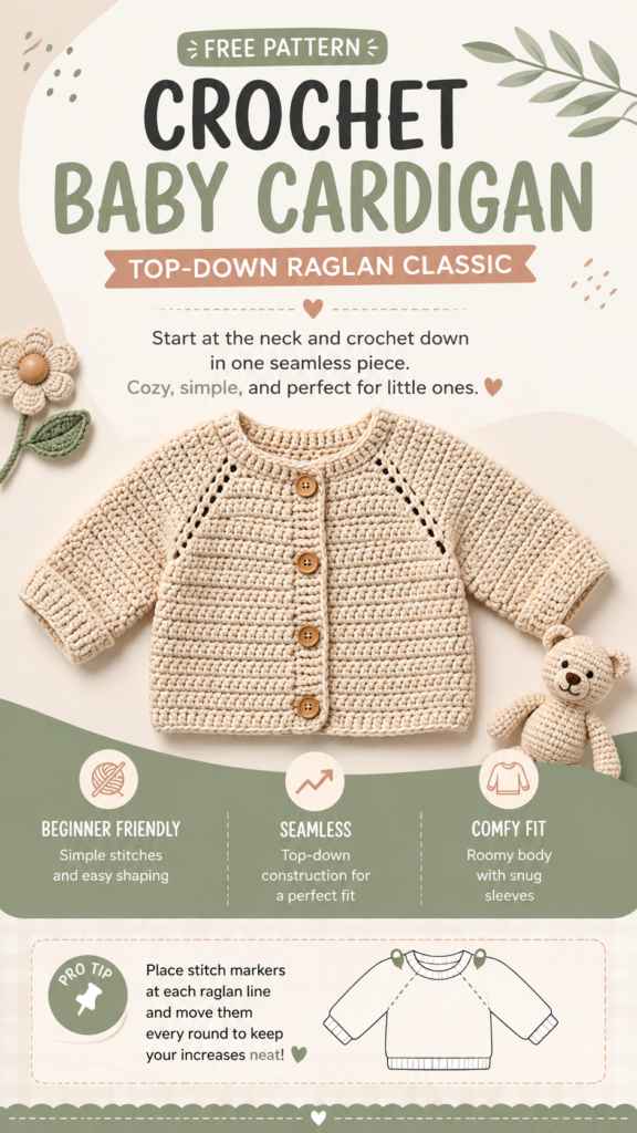 Free Crochet Baby Cardigan Pattern Easy Top-Down Raglan Design