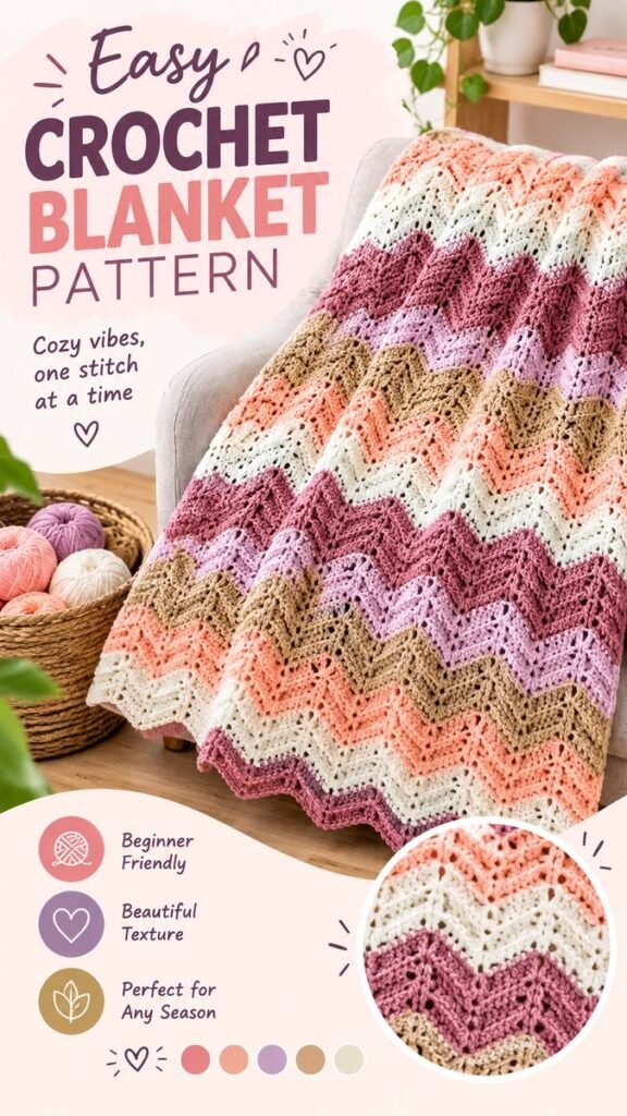 Easy Crochet Chevron Blanket Pattern for Beginners in Beautiful Pastel Colors