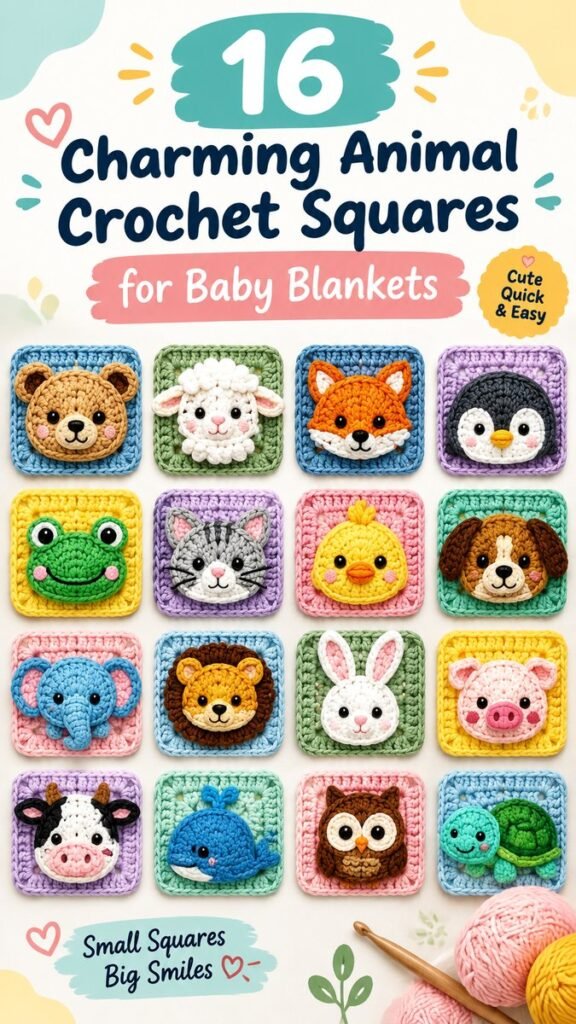 Cute Crochet 2D Animals Adorable Animal Appliques for Baby Blankets