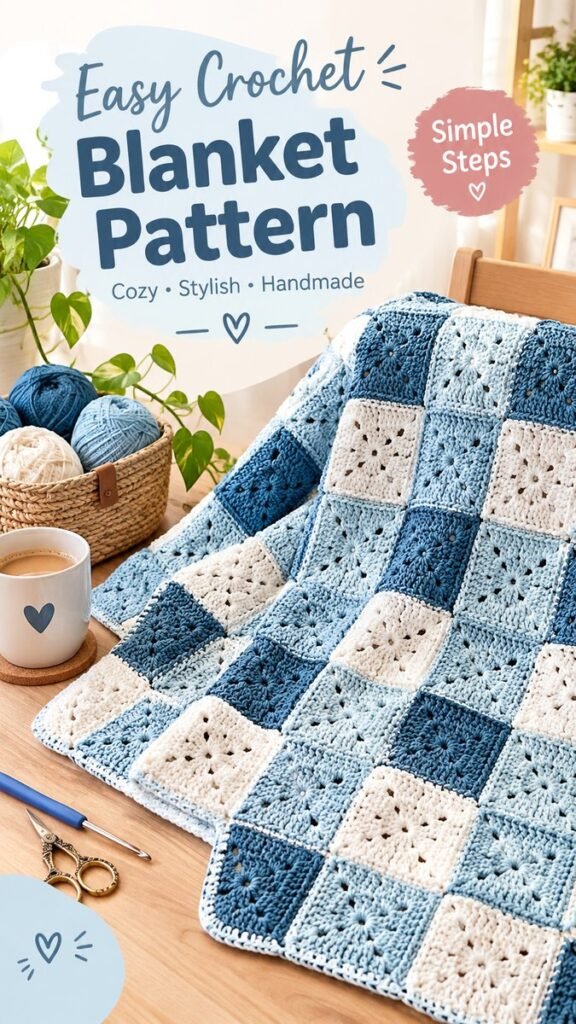 Easy Crochet Blanket Pattern in Blue and Cream for Cozy Handmade Home Decor