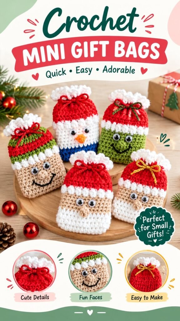Crochet Mini Gift Bags Cute Christmas Treat Bags  Easy Holiday Crochet Pattern