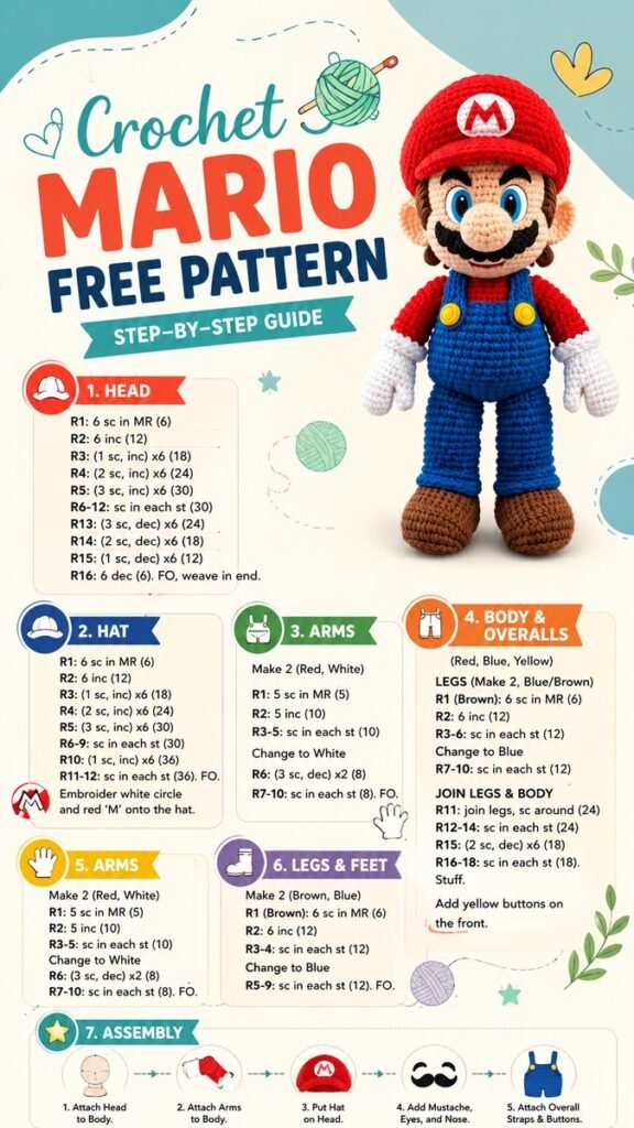 Crochet Mario Amigurumi Free Pattern  Step-by-Step Tutorial for Beginners