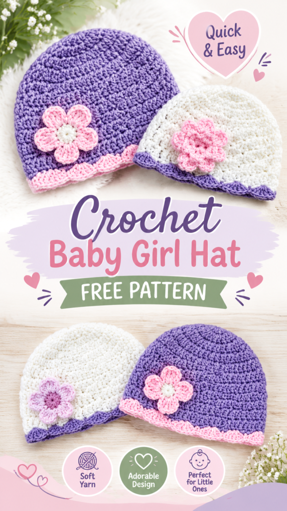 Adorable Crochet Baby Girl Hat Pattern with Flower Detail and Soft Colors