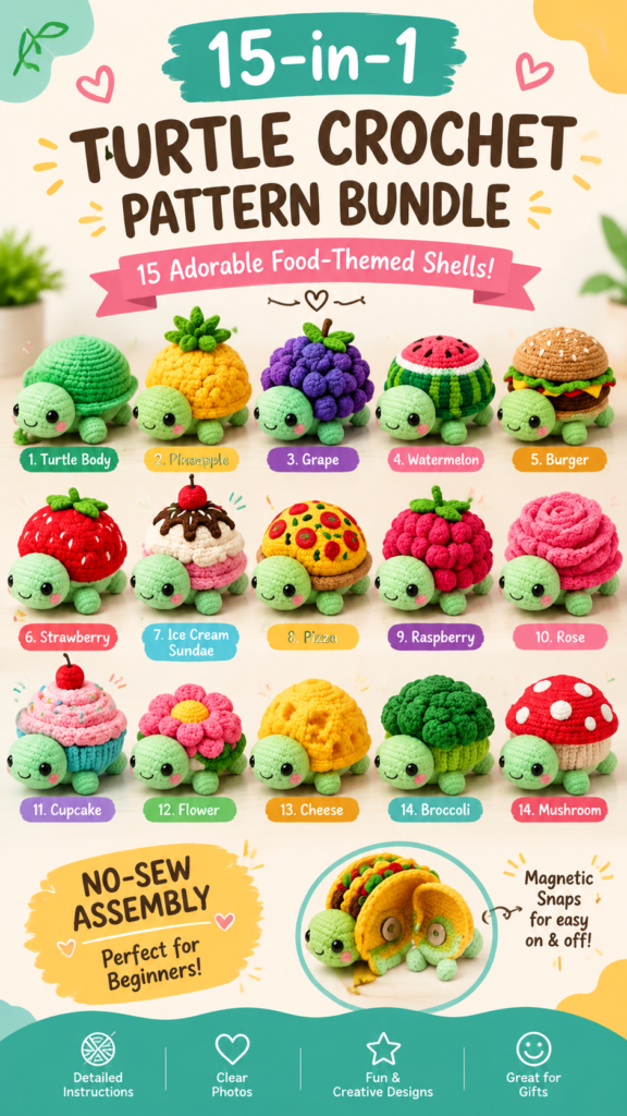 Cute Food Animals Crochet Pattern Bundle Turtle Amigurumi with Removable Food Shells