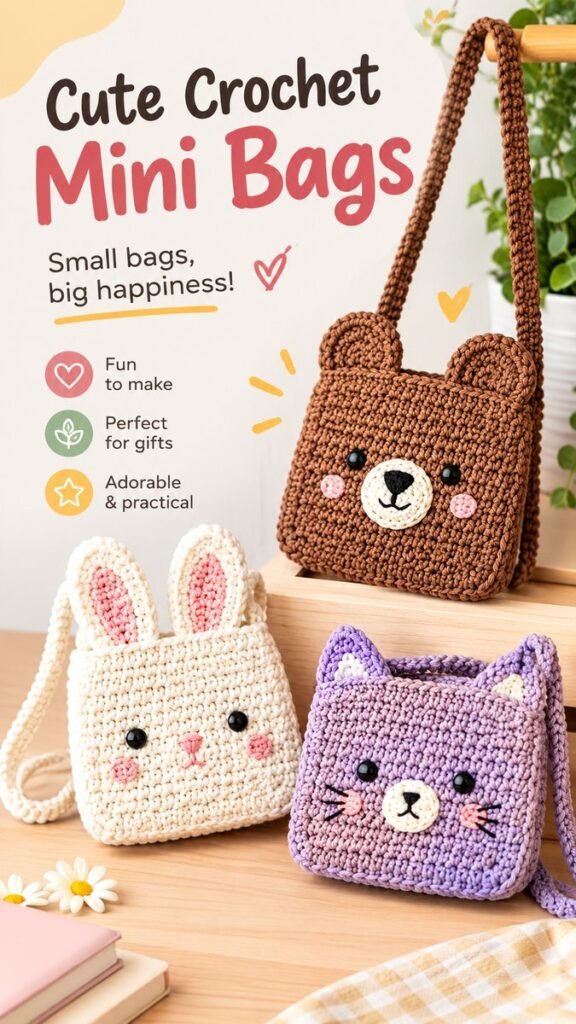 Cute Crochet Animal Mini Bags Adorable Bear, Bunny  Cat Bag Ideas