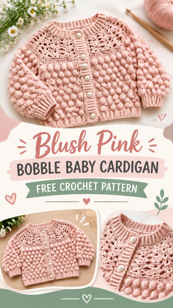 Blush Pink Baby Girl Crochet Cardigan Pattern with Bobble Stitch Design