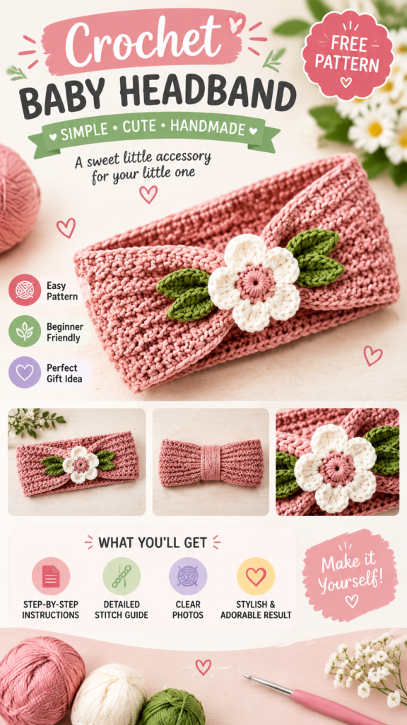 Crochet Baby Headband Pattern with Flower  Leaves  Easy DIY