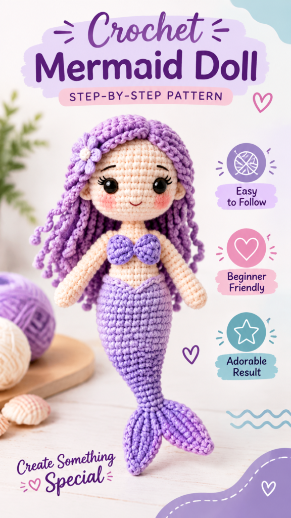 Cute Baby Mermaid Crochet Doll Pattern  Handmade Amigurumi Sea Princess Toy