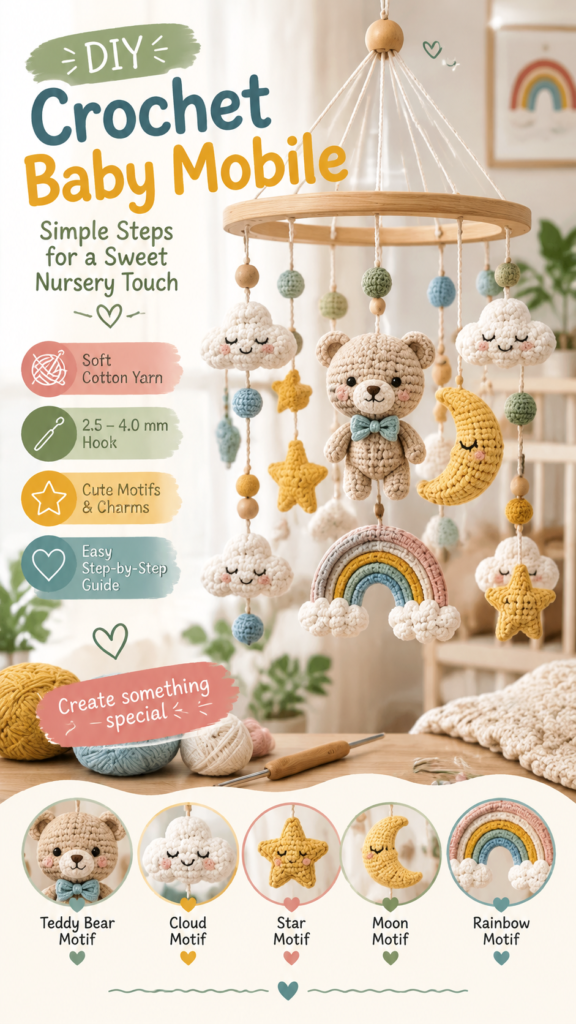 Crochet Baby Mobile Pattern with Cute Cloud, Star and Rainbow Nursery Ideas
