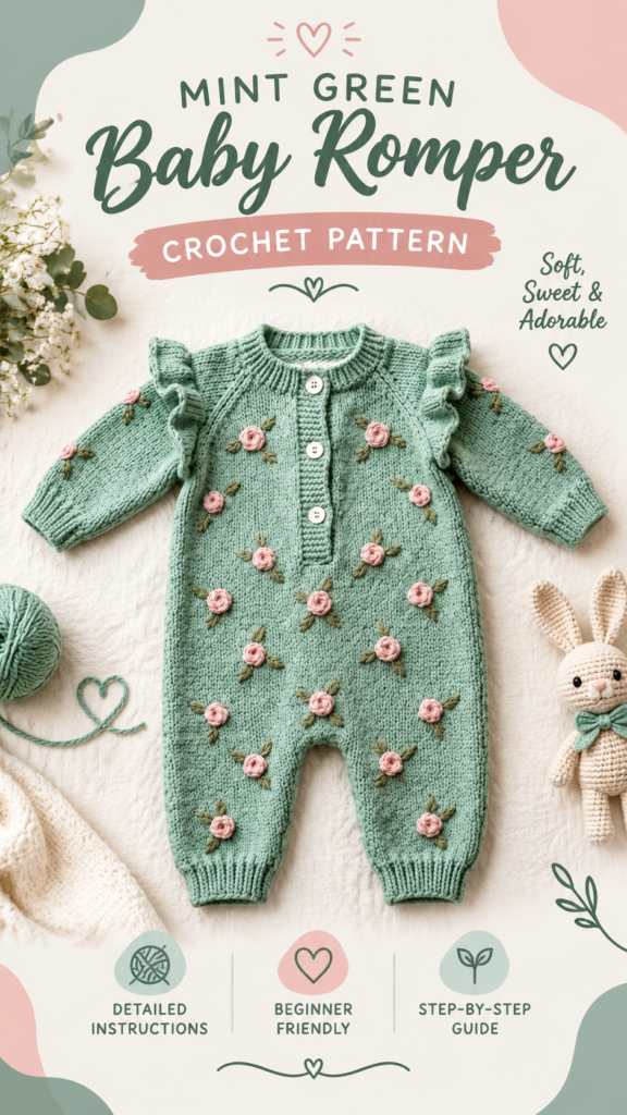 Mint Green Crochet Baby Romper Pattern with Rose Embroidery
