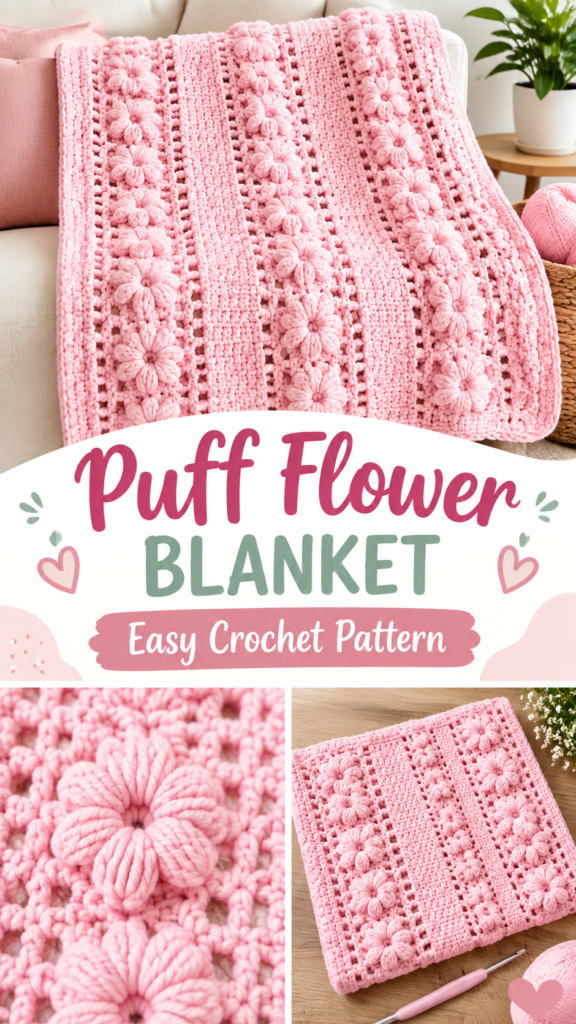 Pink Puff Flower Crochet Baby Blanket Pattern  Easy Handmade Nursery Gift