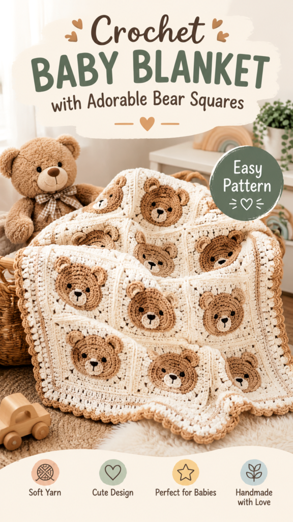 Handmade Crochet Baby Blanket Pattern with Cute Teddy Bear Design
