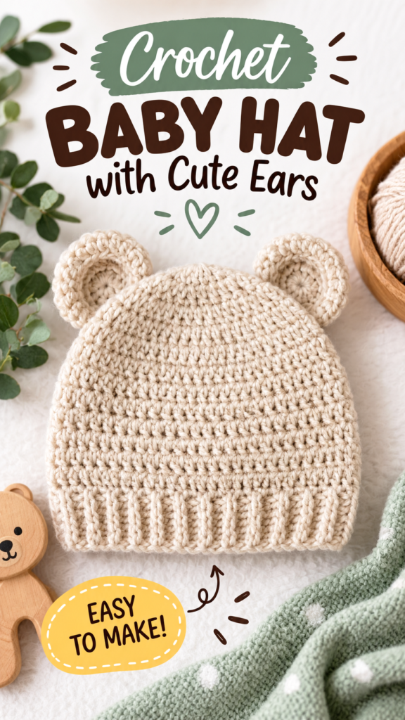 Crochet Newborn Baby Hat with Cute Bear Ears  Easy Baby Hat Pattern