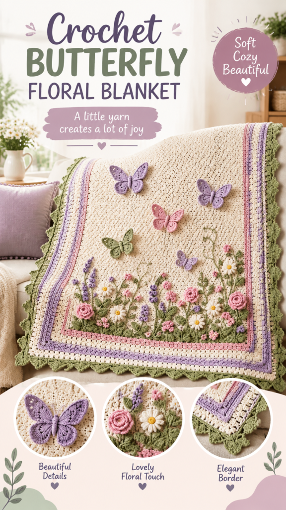Unique Crochet Baby Blanket with Floral Butterflies Handmade Nursery Decor