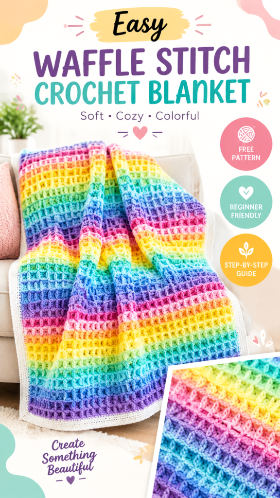 Rainbow Waffle Stitch Crochet Baby Blanket Free Pattern